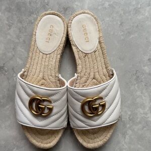 Gucci Cream Espadrille Slides with Gold Logo